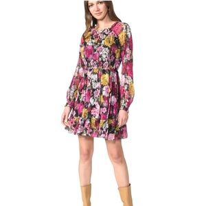 Adelyn Rae Sz S Floral Long-Sleeve Dress in Pink, Yellow, Black, White
